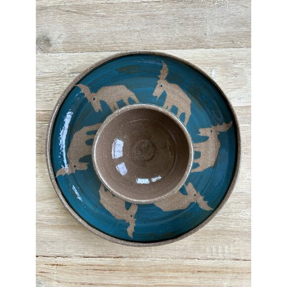 Moose LODGE Cabin Chip and Dip Bowl Pottery Server Tray Rustic Studio Teal - Picture 1 of 4